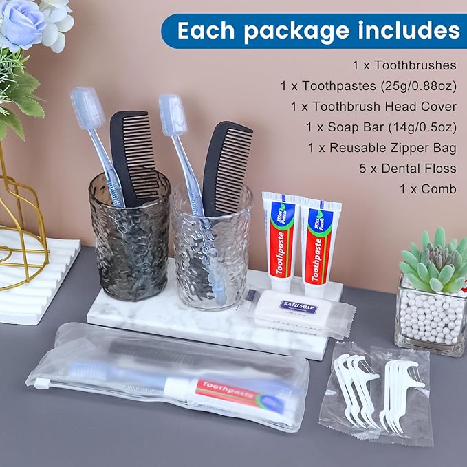 50 Sets Personal Hygiene Kit Basic Toiletry Kits Homeless Supplies Bulk for Women,Men,Travel,Charity,Business Include 50 Toothbrush, 50 Toothpaste, 50 Comb, 50 Bath Soap and 250 Floss Picks