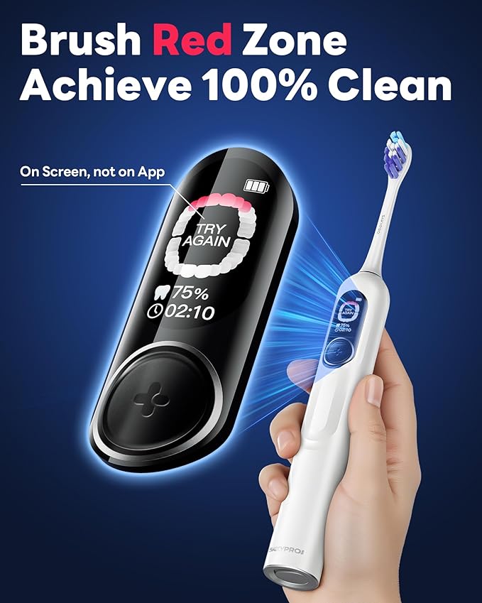 SAKYPRORAL Electric Toothbrush with AI Smart Screen for Adults Kids Teens | 6 Brush Heads | 150-Day Battery, Real-Time Brushing Map | 5 Whitening Modes, Travel Case | Sonic Toothbrush (White)