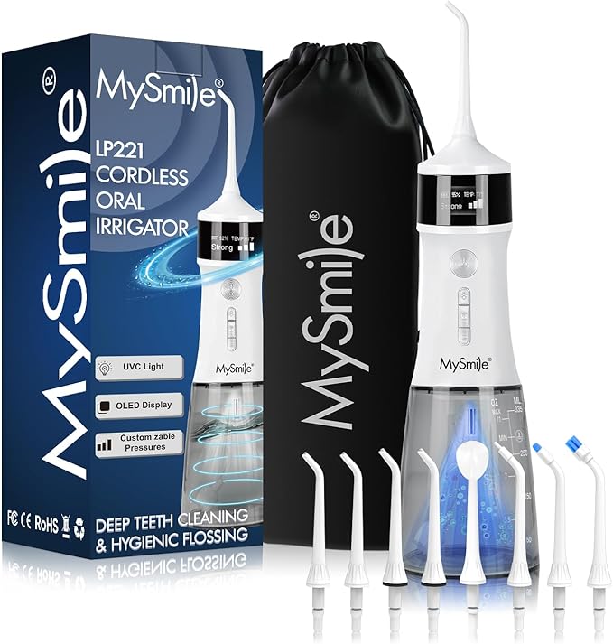 MySmile LP221 UVC Sterilizable Cordless Water Flossers for Teeth 335ML Portable OLED Display Dental Flosser with 4 Modes 8 Jet Tips and a Storage Pouch for Home and Travel (Pearl White)
