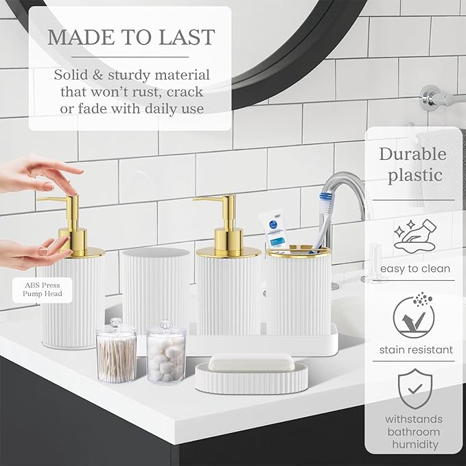 White and Gold Bathroom Accessories Set, 10PC Bathroom Set, Bath Accessory with Pop Up Trash Can, Soap Dispenser, Toilet Brush, Toothbrush Set Qtip Holders & Tray