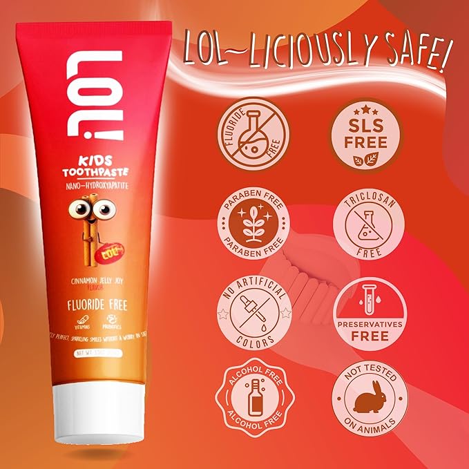 LOL Kids Fluoride-Free Toothpaste 2-Flavors Pack | Nano-Hydroxyapatite, Probiotics, Vitamins A, C, E | Safe if Swallowed, No SLS | 1 Peppermint, 1 Cinnamon Flavor