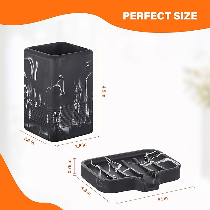 Toothbrush Holder and Soap Dish Set, Resin Toothbrush Cup Bathroom Cup Tumbler Marble Design, Self Draining Bar Soap Holder Shower for Bathroom Holder and Organizer, Black