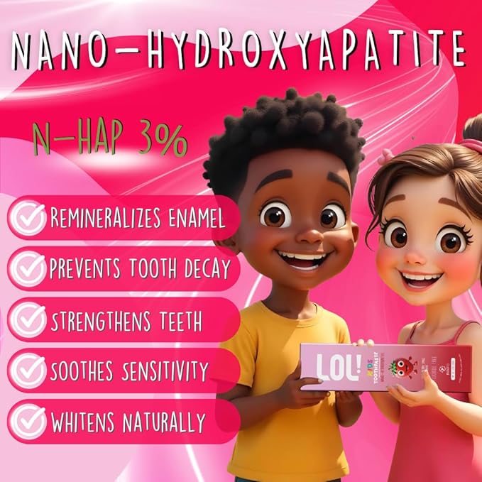 LOL Kids Toothpaste 3-Flavors Pack | Nano Hydroxyapatite Toothpaste, Probiotics, Vitamins A, C, E | Safe if Swallowed, No SLS | 1 Peppermint, 1 Strawberry & 1 Melon Flavor