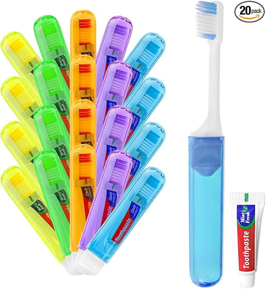 Travel Toothbrush, Toothbrush and Toothpaste Travel Set, Individually Packaged, Includes Storage Case, Foldable Design, 5 Colors, Ideal for Business Trips, and Hotels (20-Pack)