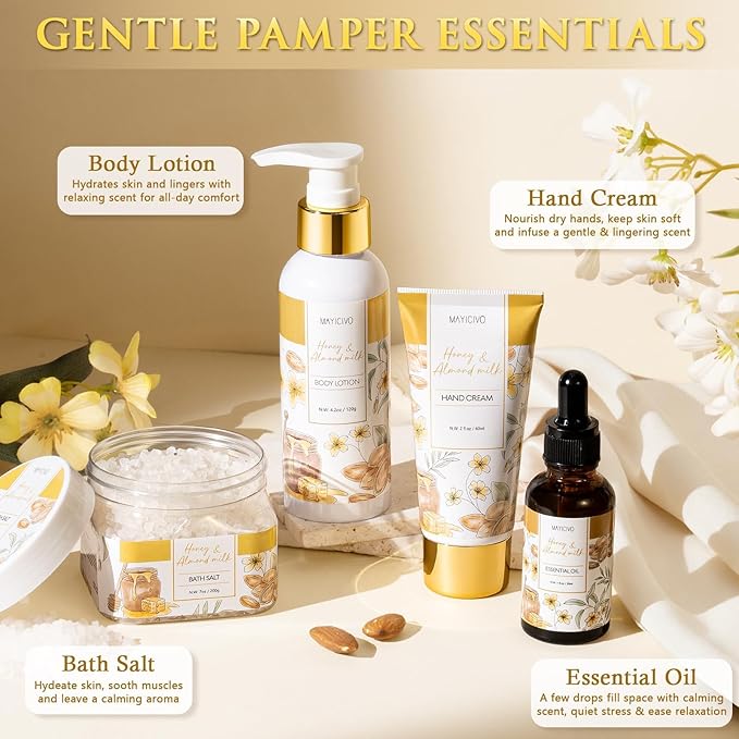 Birthday Gifts for Women, Honey & Almond Milk Relaxing Spa Gift Baskets for Women Self Care Package Bath Gift Set, Home Bath and Body Kit Pamper Valentines Day Gifts for Her Womens Mom Friends Sister