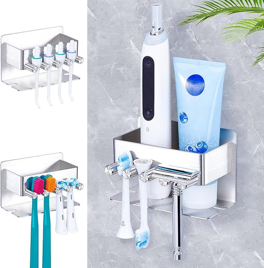 Electric Toothbrush Head Holder, Stainless Steel Tooth Brushing Holder Storage Toothpaste Razor, Wall Mounted Toothbrush Holders for Shower Bathroom, Adhesive Tooth Brush Head Holder Organiser