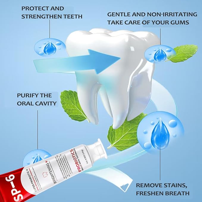 SP-6 Probiotics Whitening Toothpaste, 3 PCS 6 Probiotics Enhanced Formula Brightening Toothpastes for Teeth Whitening and Gum Health, Fluoride-Free, Fresh Breath with Mint Flavor (3 PCS)