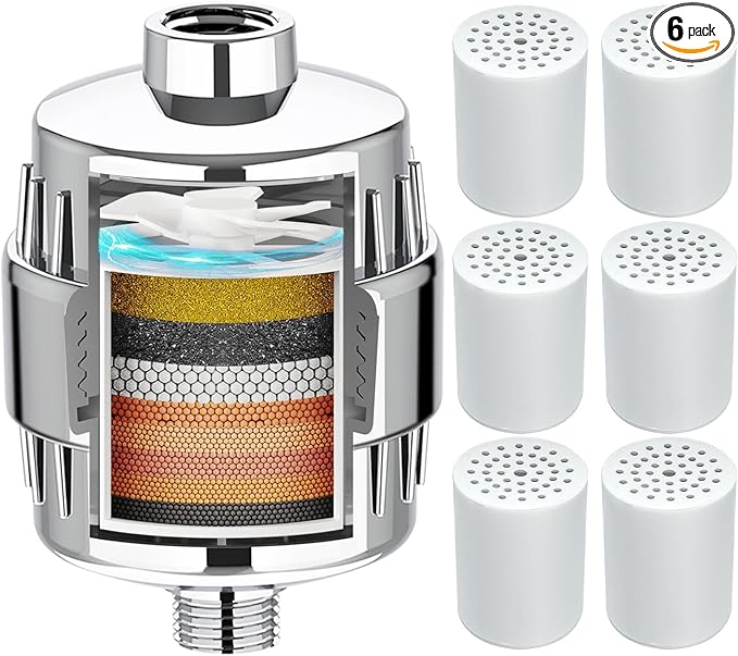 Yodel Shower Filter with 6 Cartridge Chrome - Hard Water Softener, 99% Removes Chlorine & Impurities, Improves Skin & Hair Condition, Universal Fit for Shower Heads