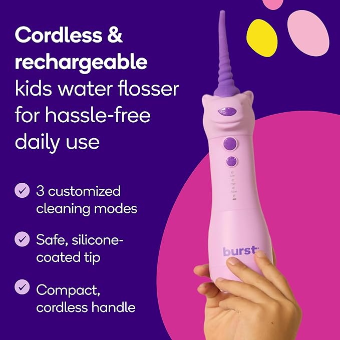 BURST Kids Water Flosser (Unicorn) | Cordless & Rechargeable Water Flosser for Teeth | 3 Gentle Pressure Modes | Silicone Safety Tip | Braces-Friendly | Fun, Kid-Safe Design | 155mL Water Tank