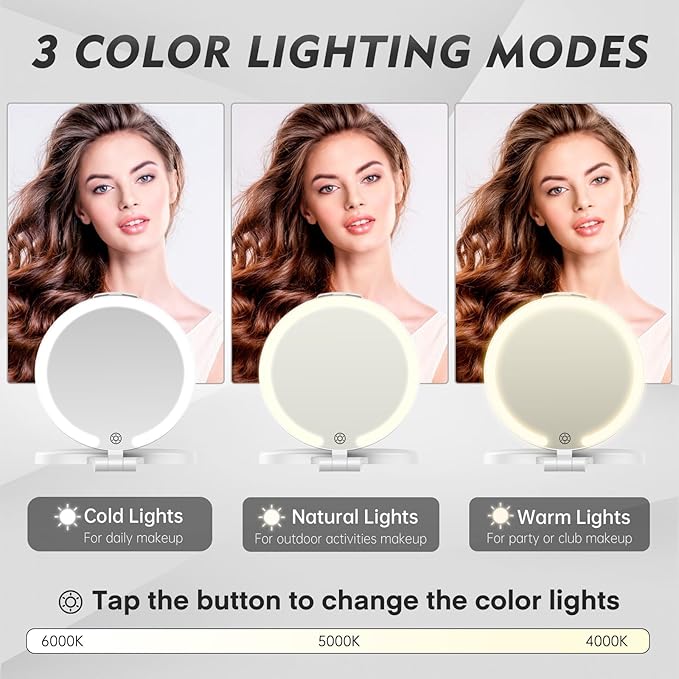 FUNTOUCH Travel Mirror with Light, 1X/10X Double Sided Magnification Makeup Vanity Mirror with 3 Color Setting, Chargeable Foldable Portable Travel Essential Vanity Mirror with Bag