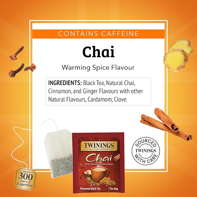 Twinings Chai Black Tea Individually Wrapped Bags, 20 Count (Pack of 6), Sweet, Savoury Spices, Caffeinated, Enjoy Hot or Iced, 120 Teabags
