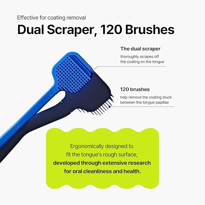Tongue Scraper – Dual Scraper & 120 Micro Brushes for Fresh Breath, Soft TPE, Anti-Gag Design (Blue)
