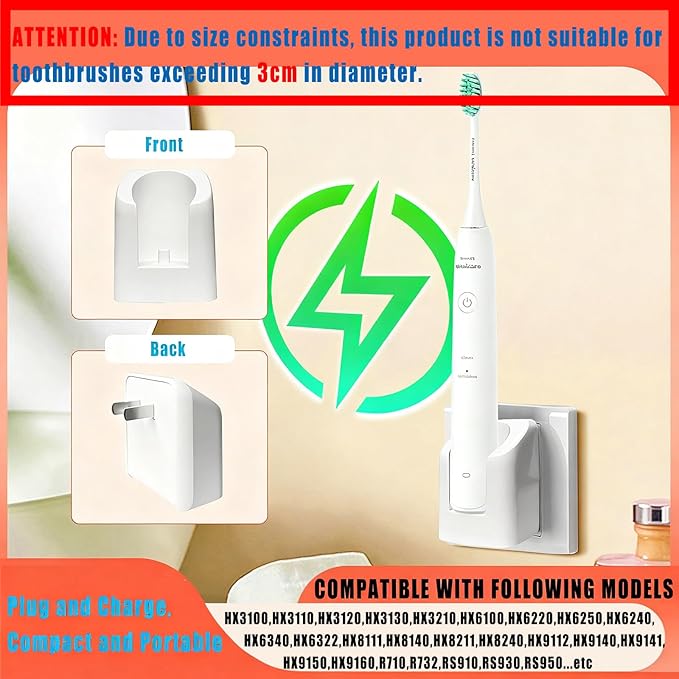 Wall Charger for Philips Sonic Electric Toothbrush Replacement Charger Base Compatible with HX6100 HX3000 HX6000 HX8000 HX9000 Series, R Series（Not Suitable for Toothbrush with Diameter Exceeding 3cm）