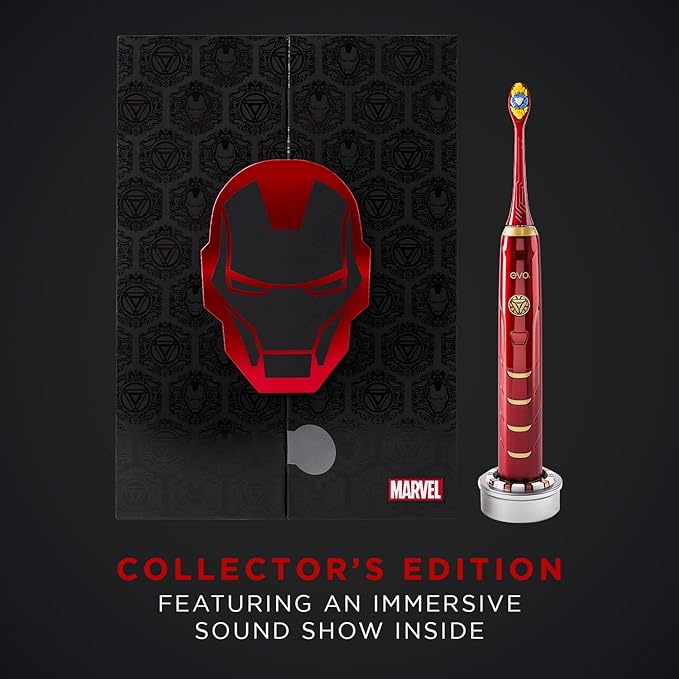 evo IRM-1 Iron Man Rechargeable Sonic Toothbrush, Marvel Electric Toothbrush for Adults, Soft Brushes for Adults with 2-Minute Timer, Replacement Heads & Charger Included