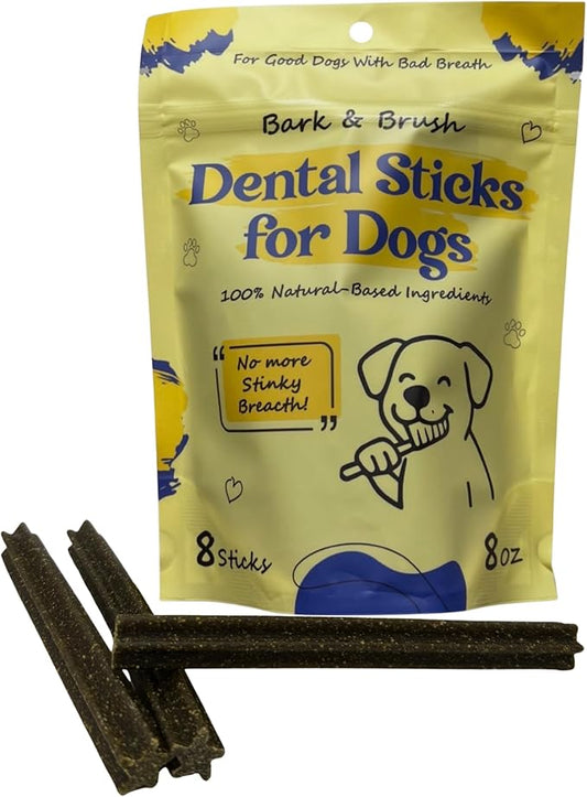 Bark & Brush Dental Sticks for Dogs – Natural Dog Dental Chews for Fresh Breath, Mint & Apple Flavor, No Brushing Required, 8 Count (8 oz) Made in The USA