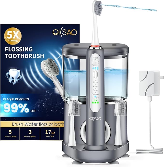Electric Toothbrush with Water Flosser, Advanced 2.0 Flossing Toothbrush Combo in One with 5 Brush Modes & 3 Floss Speeds,500 ML Cordless,for Adults,Teeth, Gums, Braces, Dental Care,Gray