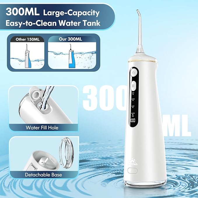 Water Flosser for Teeth, Cordless Oral Irrigator Portable Dental Cleaner Picks with 8 DIY Modes 7 Jets 300ml Tank Braces Flossers Rechargeable (White)