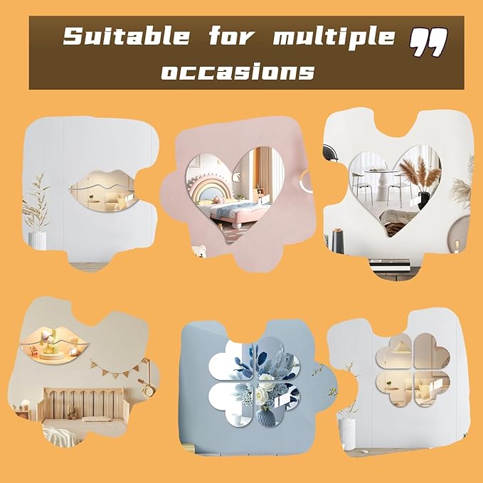 Cute Anti-Scratch Mark Non-Punch Acrylic 4 Heart-Shaped Mirror Set,High Definition Wall Mirrors for Homes, Offices and Children's Rooms, are Not Brittle or Deformable