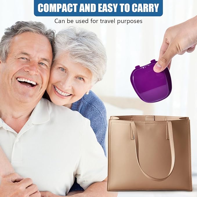 Purple Denture Bath Case Cup Box Holder Storage Container with Denture Cleaner Brush Strainer Basket for Travel Cleaning