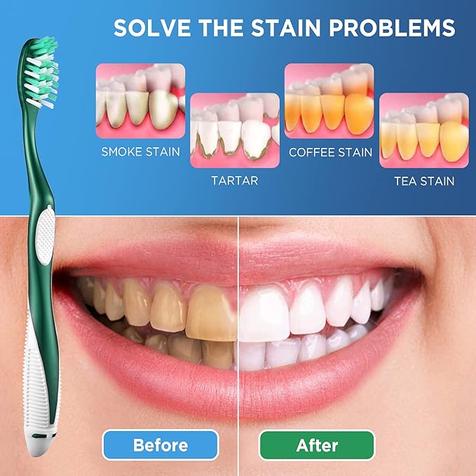 Firm Toothbrushes with Covers for Adults, Cross Hard Bristles, with Built in Tongue Scraper, 6 Count