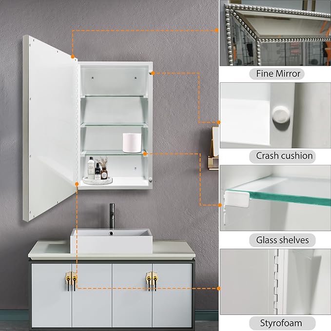 Bathroom Medicine Cabinet with Silver Metro Beaded Wooden Frame, 20x32 Inch Retro Bevel Mirror, Recessed or Surface Mount Bathroom Cabinet,Space-Saving Storage Cabinet