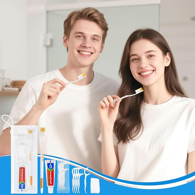 HOIQIRY Disposable Toothbrushes with Toothpaste Set - Pack of 25,Individually Wrapped Personal Hygiene Kits in Bulk 5-in-1 Travel Size Convenience Kits for Hotel,Camping,Guest,Homeless,Charity,Church