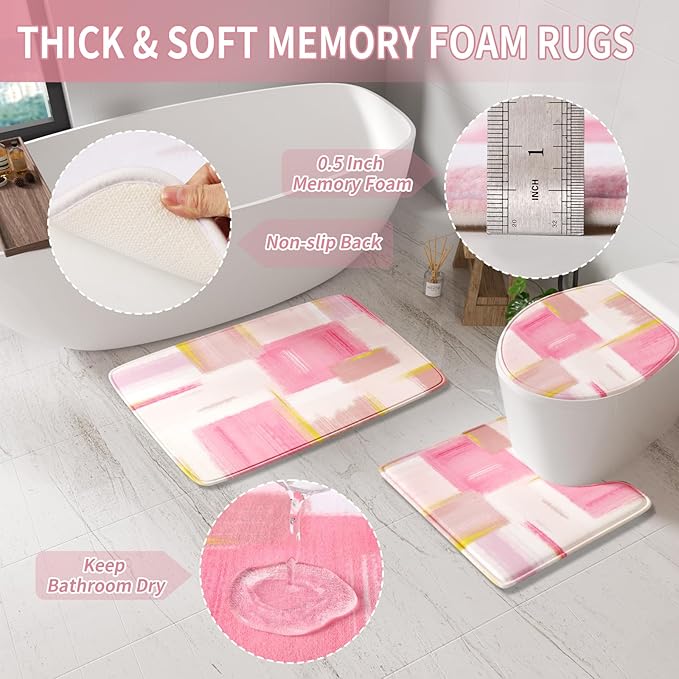 Bathroom Accessories Set - 25PC Bathroom Set with Shower Curtain and Rugs, Pink Bathroom Set, Bathroom Accessory Set with Press-on Lid Trash Can, Soap Dispenser and Qtip Holders