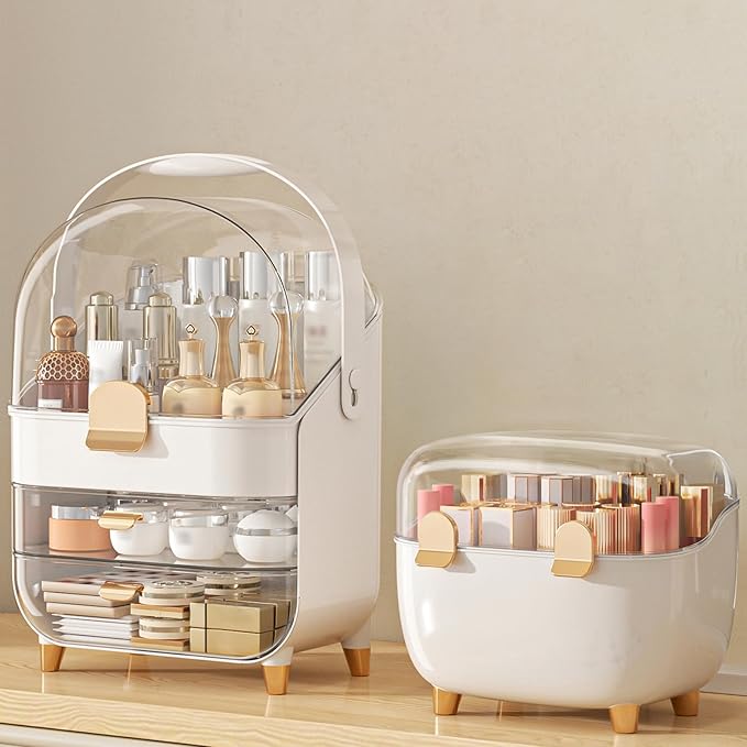Makeup Organizer with Lipstick Holder, Skincare Organizers Storage Box Cosmetic Display Cases, Teen Girl Gifts Make up Organizers for Vanity, Dresser, Countertop, Bathroom(Rose Gold)