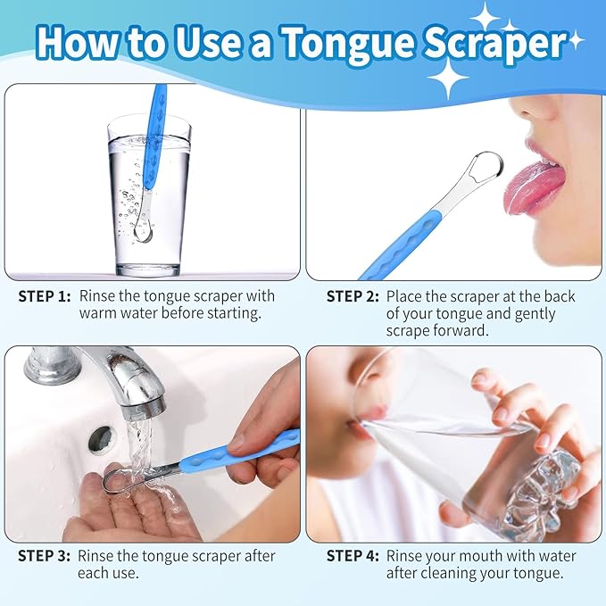 4-Pack Colorful Tongue Scraper for Adults with Travel Case, Stainless Steel, Metal Tongue Brush for Bad Breath, Oral Hygiene Tool, Easy to Use & Portable