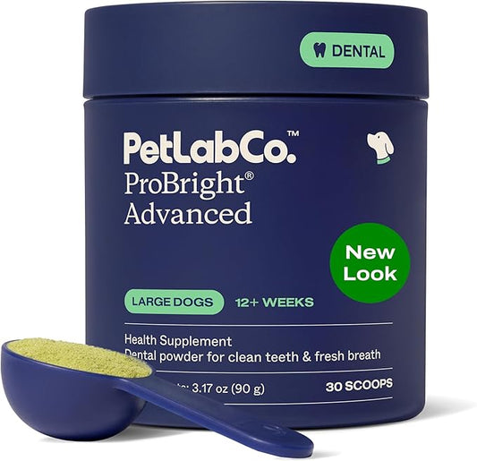 PetLab Co. ProBright Advanced Dental Powder - Dog Breath Freshener - Teeth Cleaning Made Easy – Targets Tartar & Bad Breath - Packaging May Vary - Formulated for Large Dogs