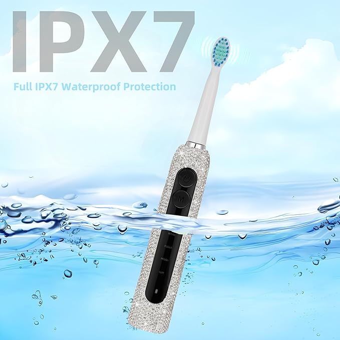 Diamond Sonic Electric Toothbrush Bling Rechargeable Toothbrushes for Adults with 6 Brush Heads Vibrating Toothbrush-5 Modes, USB-C Fast Charge,2Min Smart Timer,IPX7 Waterproof(White)