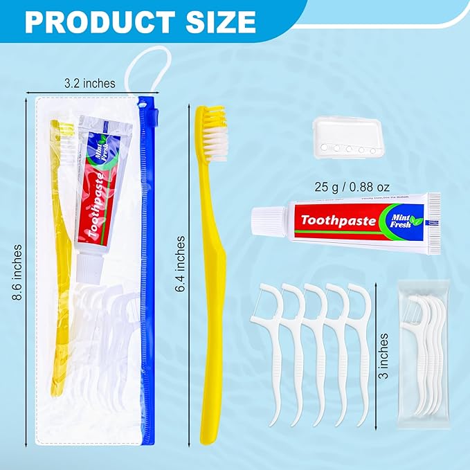 5 pcs Disposable Toothbrushes with Toothpaste and Floss Set,Yellow Individually Wrapped Bulk Single Use Toothbrush Floss Cover Travel Toothbrushes Kit with Zip Bag for Homeless,Hotel,Guest