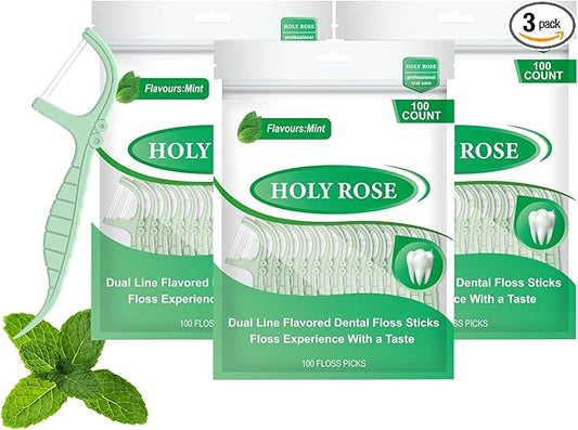 Holy Rose Mint Twin Line Dental Floss Picks - 300 Count Pack, Dual-Action Cleaning Teeth Tool Kit,for Adults Flosser Sticks, for Oral Removal Care Comfort Dental Floss Toothpick.