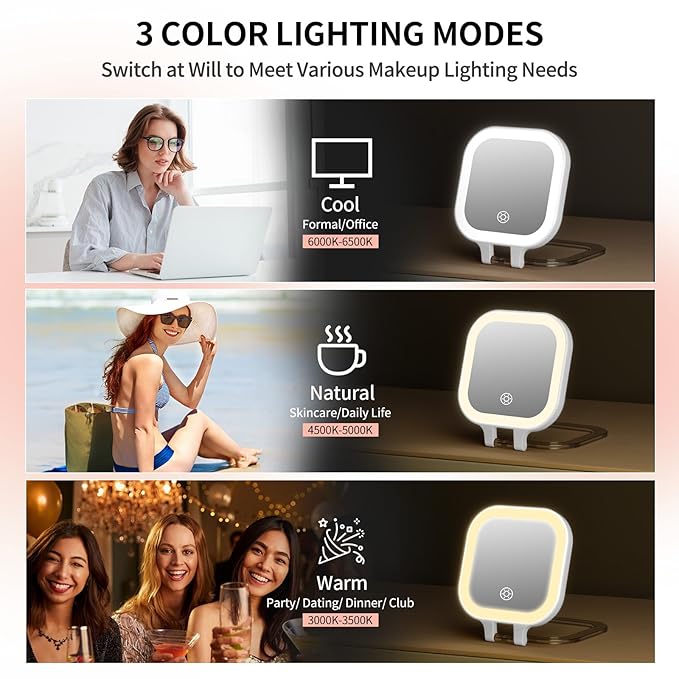 FUNTOUCH Travel Magnifying Mirror with Light, 20X/1X/ Magnifying Makeup Mirror Set, 3 Light Settings & Adjustable Brightness,Rechargeable Folding Compact Double Sides Mirror for Home & Travel, White