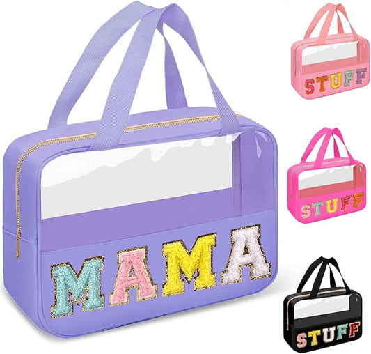 Chenille Letter Clear Makeup Bags Mama Tote, Preppy Patch Makeup Bag Zipper with Handle, Waterproof PVC & Nylon Portable Glitter Large Cosmetic Travel Toiletry Storage Bag for Women Girls(MAMA-Purple)