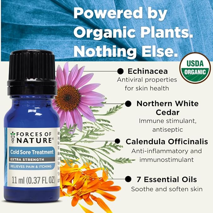 Forces of Nature Cold Sore Treatment Extra Strength H-Balm, Organic Fast Relief for Cold Sores & Fever Blisters w/Echinaea & Northern White Cedar, Reduces Pain, Calms Swelling, 0.37 fl oz
