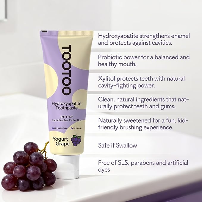 TooToo Fluoride Free Kids Hydroxyapatite Toothpaste - Probiotics & Xylitol Toothpaste - Safe to Swallow, All Natural - Yogurt Grape Favor, 8.4 OZ