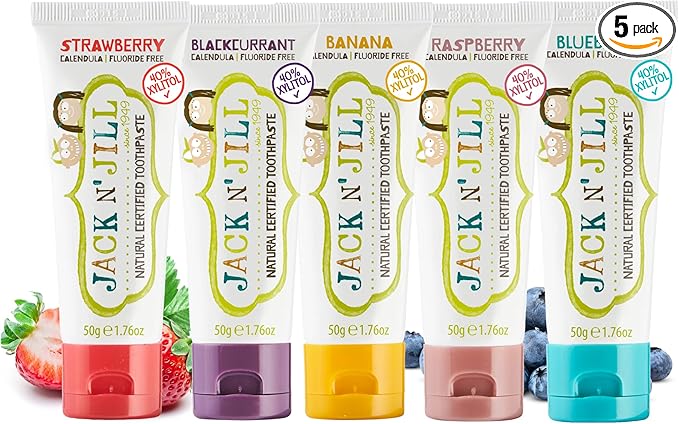 Jack N' Jill Natural Toddler Toothpaste - Fluoride Free Training Toothpaste for Toddlers 1-3, 40% Xylitol, BPA Free - 1.76 oz (Variety Pack of 5)
