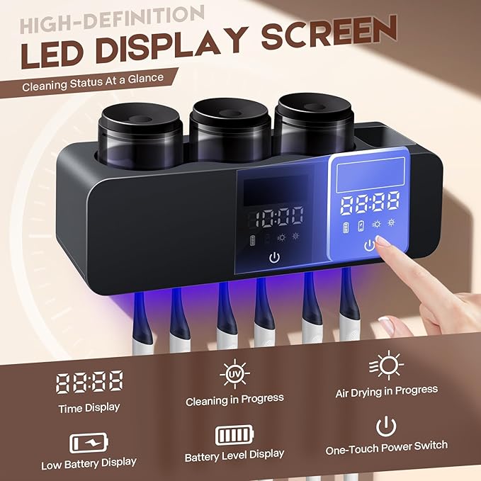 3 in 1 Toothbrush Cleaner Holders for Bathrooms,Wall Mounted Toothbrush Holders with Drying and Cleaning,Smart LED Screen,6 Toothbrush Slots,3 Cups and Toothpaste Dispenser (Deep Grey)