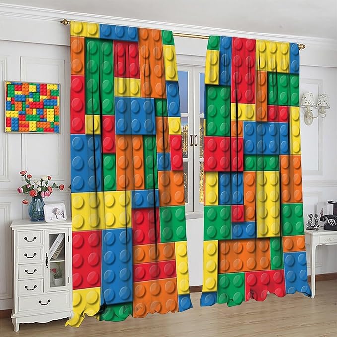 Kids Building Blocks Toy Curtains Children's Room Abstract Outline Colorful Plastic Toys Geometric Bricks Print Curtains for Boys Girls Nursery Curtains 63x63 Inches 2 Panels