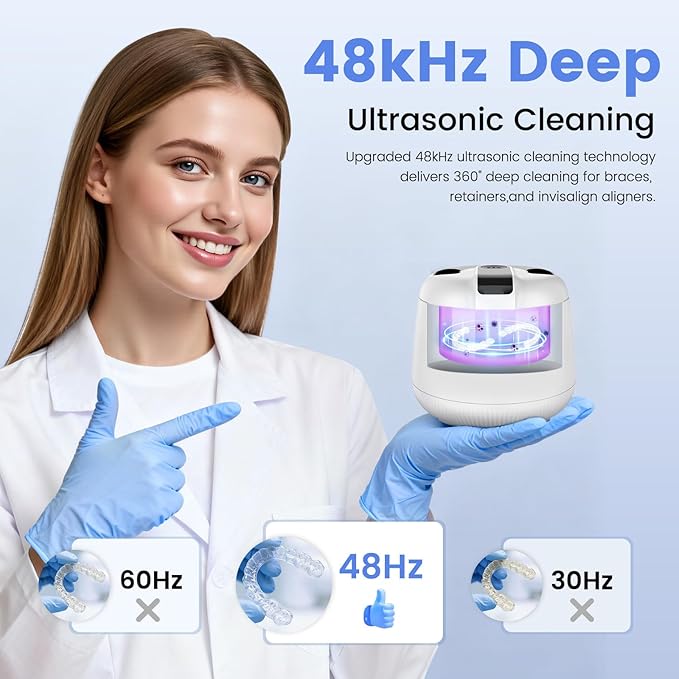 MEKO Cordless Ultrasonic Retainer Cleaner Machine, 48kHZ Rechargeable Denture Cleaner with 4000mAh Battery, IPX5 Waterproof Dental Pod for Aligner, Braces, Jewelry, Toothbrush Head-White