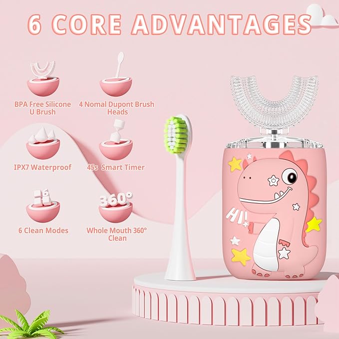 Kids Electric U Shaped Toothbrush,Kids Dinosaur Sonic Full Mouth Toothbrush with 4 Soft Brush Head Automatic 6 Cleaning Modes IPX7 Waterproof 360 Degree Cleaning - Age8-15 Pink