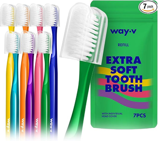 Way.V Extra Soft Toothbrush 7 Pack for Sensitive Gums and Teeth 3000 Ultra Gentle Bristles Brushes with Hygienic Head Covers Friendly Dentist Recommended BPA Free - Family Refill Green 7 Pack