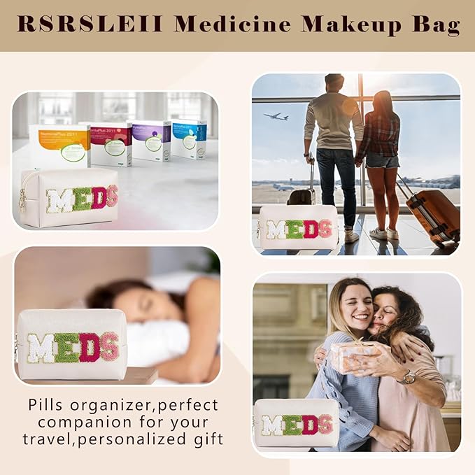 Cute Chenille Letter Patch Medicine Makeup Bag, PU Leather Waterproof MEDS Cosmetic Bag with Zipper, Travel Toiletry MEDS Pouch, Daily Use Portable Organizer Makeup Bag (01Beige Bag)