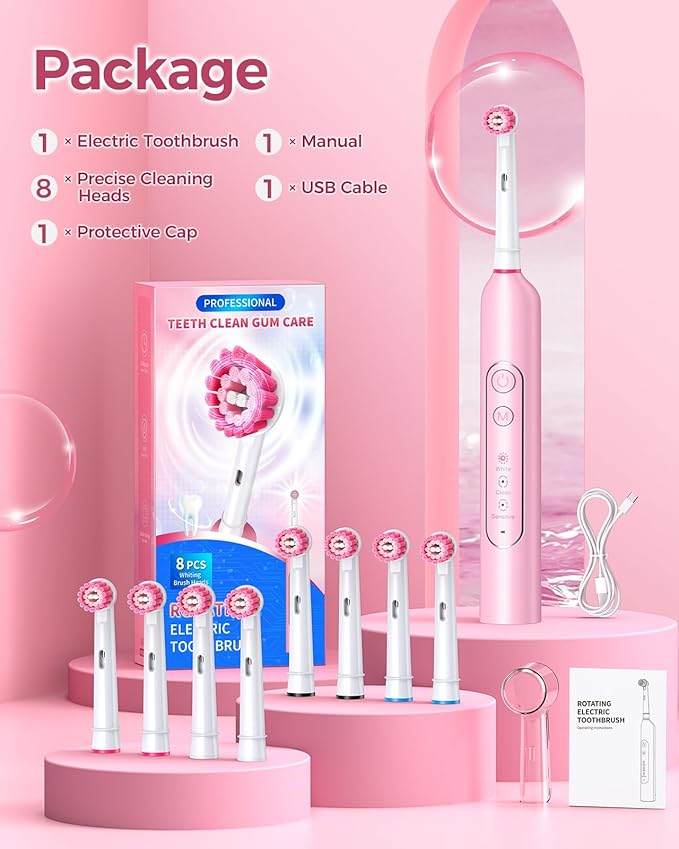 TEETHEORY Rotating Electric Toothbrush for Adults with 8 Brush Heads, Deep Clean Rechargeable Electric Toothbrush with 4 Modes and 2 Min Smart Timer, Last 30 Days and IPX7 Waterproof Pink