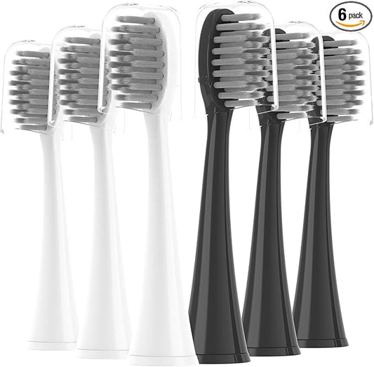 Toothbrushes Replacement Heads Compatible with Burst Sonic Electric Toothbrushes, Two-Color Set (Black, White), 6-Pack