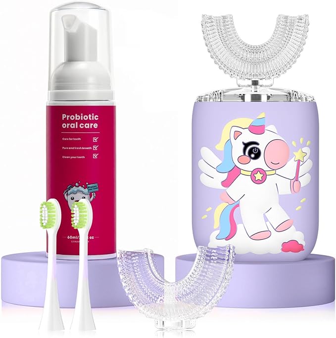 Kids Electric U Shaped Toothbrush Unicorn Rechargeable Sonic Toothbrush with 4 Soft Brush Heads with Kid Toothpaste IPX7 Waterproof - (Age 2-7, Purple)
