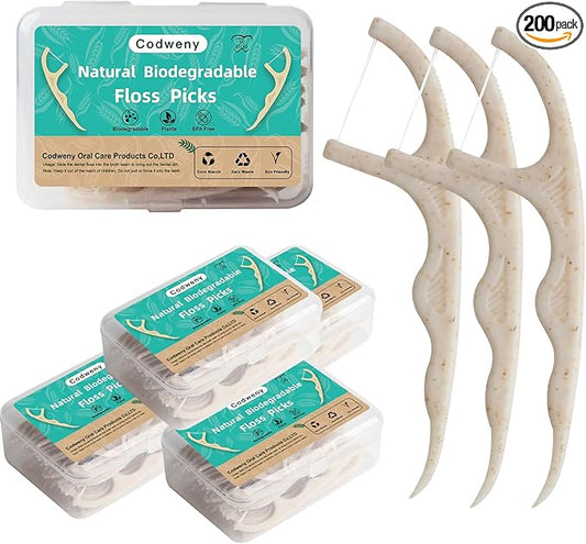Wheat Straw Biodegradable Dental Floss Picks,200 Counts Natural Handle Tooth Flossers Sticks Oral Care,Keep Clean with 4 Travel Handy Cases
