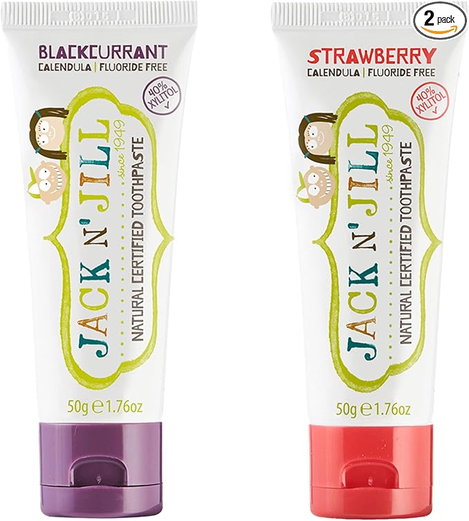 Jack N' Jill Natural Toothpaste for Kids - Fluoride Free Toothpaste, 40% Xylitol, BPA Free - Blackcurrant & Strawberry, 1.76 oz (2 Pack)