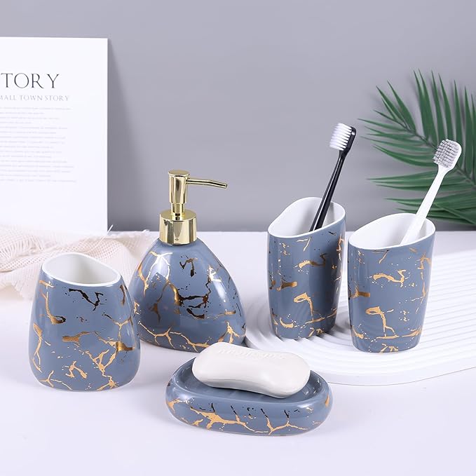 Gray Bathroom Accessories Set,Gold Marble Look Bathroom Decor,Modern 6 Piece Bathroom Accessory Set,Complete with Soap Dispenser,Toothbrush Holder,Tumbler,Tray Countertop